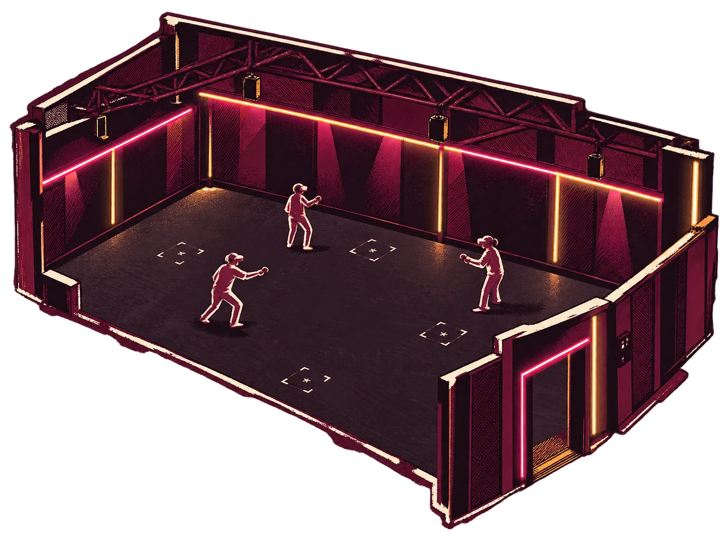 Abstract illustration of a free-roam VR arena with illuminated room edges and small player silhouettes